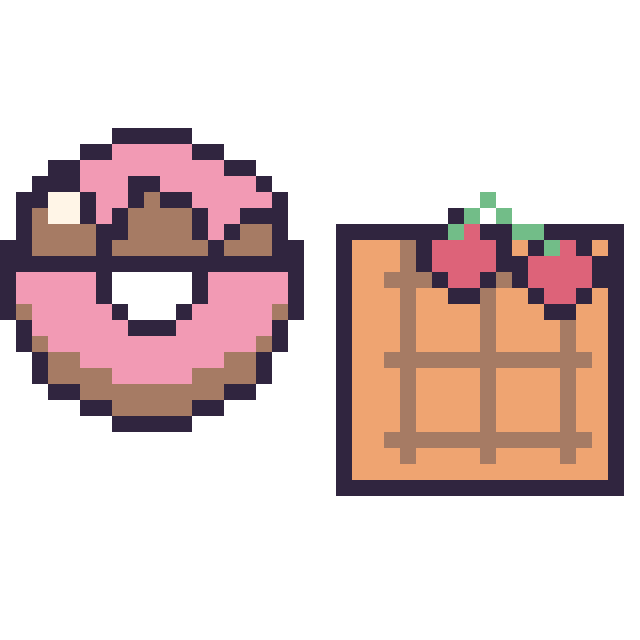 Modèle de pixel art Donut au chocolat et Gaufre avec des cerises sur une grille de 40 par 40 cases