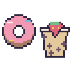 Pixel art Donut décoré et Boba avec une fraise, grille 40 × 40