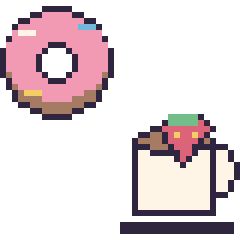 Pixel art Donut décoré et Tasse de thé avec une fraise, grille 40 × 40