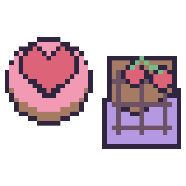 Modèle de pixel art Donut avec un cœur et Chocolat avec des cerises sur une grille de 40 par 40 cases