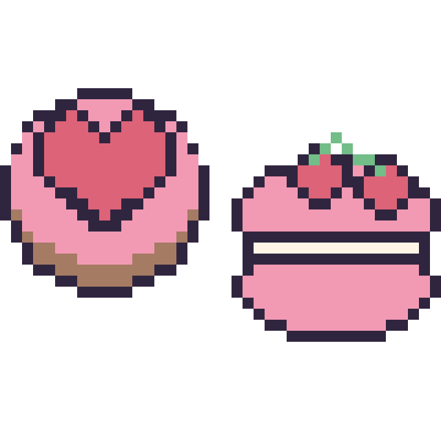 Modèle de pixel art Donut avec un cœur et Macaron avec des cerises sur une grille de 40 par 40 cases