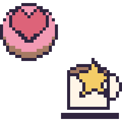 Pixel art Donut avec un cœur et Tasse de thé avec une étoile, grille 40 × 40