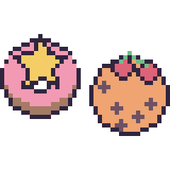 Pixel art Donut avec une étoile et Cookie avec des cerises, grille 40 × 40