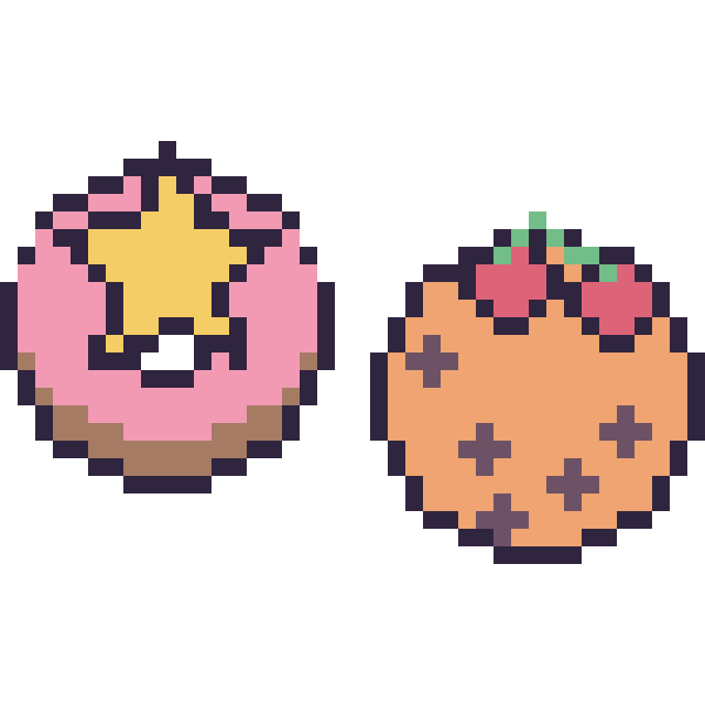 Modèle de pixel art Donut avec une étoile et Cookie avec des cerises sur une grille de 40 par 40 cases