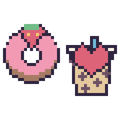 Pixel art Donut avec une fraise et Boba avec un cœur, grille 40 × 40