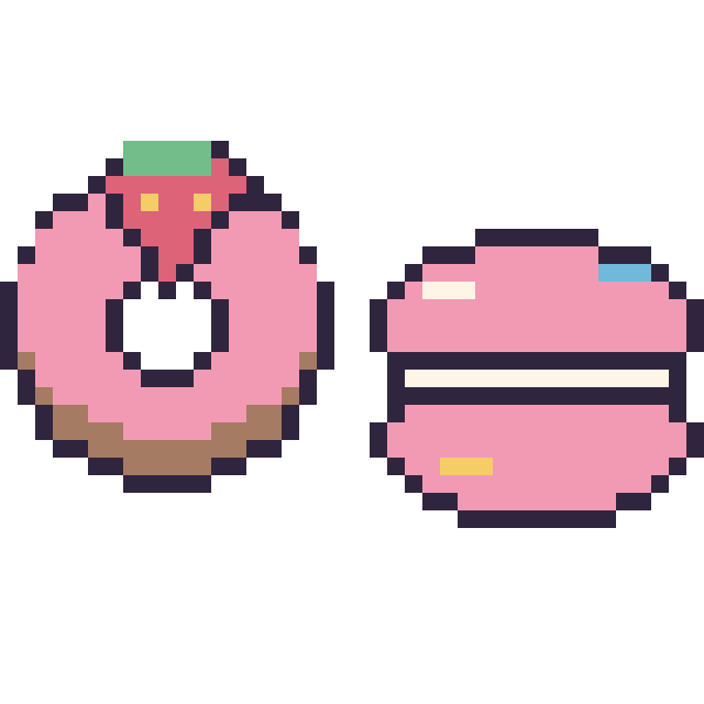 Modèle de pixel art Donut avec une fraise et Macaron décoré sur une grille de 40 par 40 cases