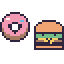 Pixel art Donut kawaii 16 × 16 et Burger kawaii 16 × 16, grille 32 × 32