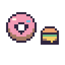 Pixel art Donut kawaii 16 × 16 et Burger simple 10 × 10, grille 32 × 32