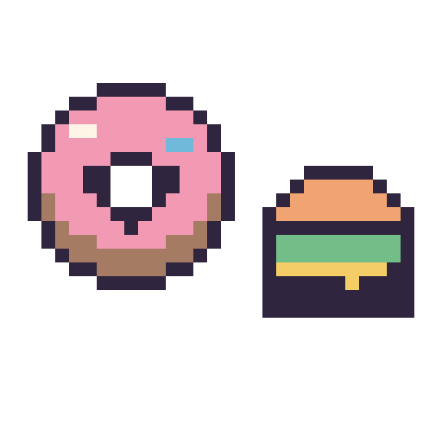 Modèle de pixel art Donut kawaii 16 × 16 et Burger simple 12 × 12 sur une grille de 32 par 32 cases