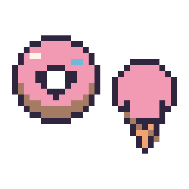 Modèle de pixel art Donut kawaii 16 × 16 et Glace kawaii 16 × 16 sur une grille de 32 par 32 cases