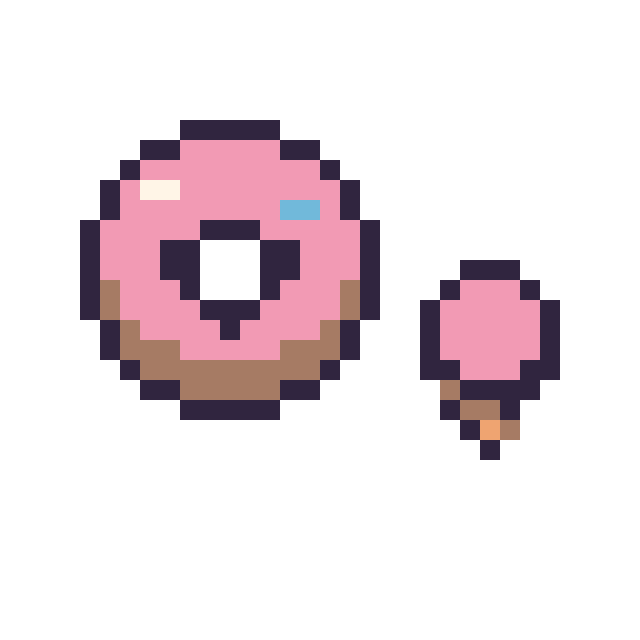 Modèle de pixel art Donut kawaii 16 × 16 et Glace simple 10 × 10 sur une grille de 32 par 32 cases
