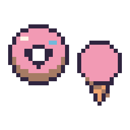 Pixel art Donut kawaii 16 × 16 et Glace simple 16 × 16, grille 32 × 32