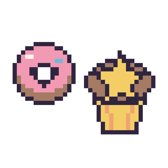 Modèle de pixel art Donut kawaii 16 × 16 et Muffin avec une étoile sur une grille de 40 par 40 cases
