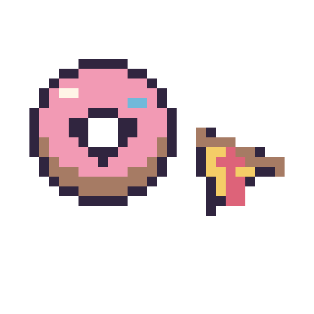 Modèle de pixel art Donut kawaii 16 × 16 et Pizza simple 10 × 10 sur une grille de 32 par 32 cases