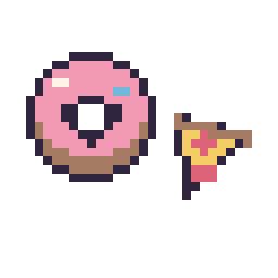 Pixel art Donut kawaii 16 × 16 et Pizza simple 12 × 12, grille 32 × 32