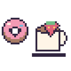 Pixel art Donut kawaii 16 × 16 et Tasse de thé avec une fraise, grille 40 × 40
