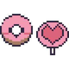 Pixel art Donut kawaii et Sucette avec un cœur, grille 40 × 40