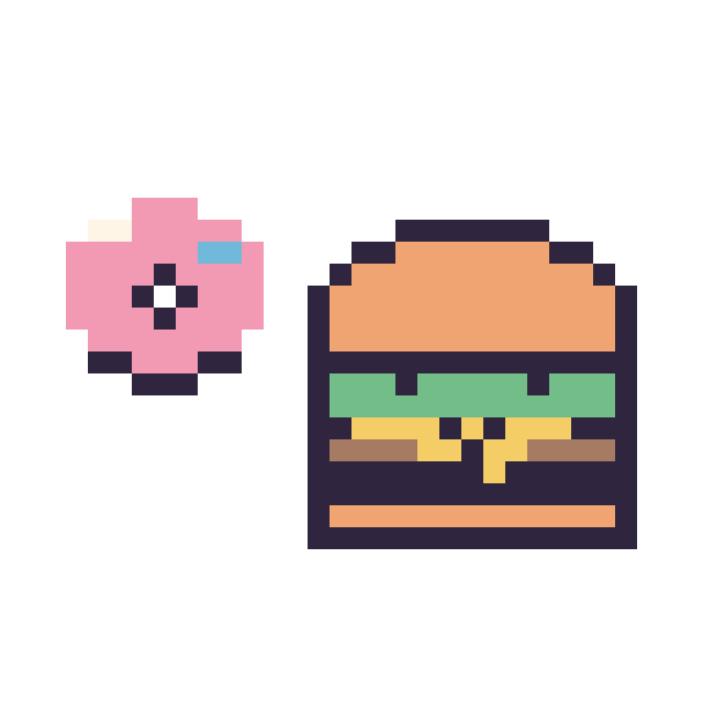 Modèle de pixel art Donut simple 10 × 10 et Burger kawaii 16 × 16 sur une grille de 32 par 32 cases