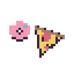 Pixel art Donut simple 10 × 10 et Pizza kawaii 16 × 16, grille 32 × 32