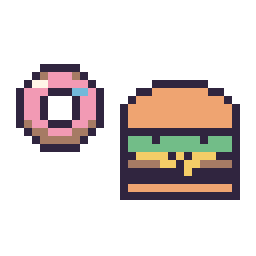 Pixel art Donut simple 12 × 12 et Burger kawaii 16 × 16, grille 32 × 32