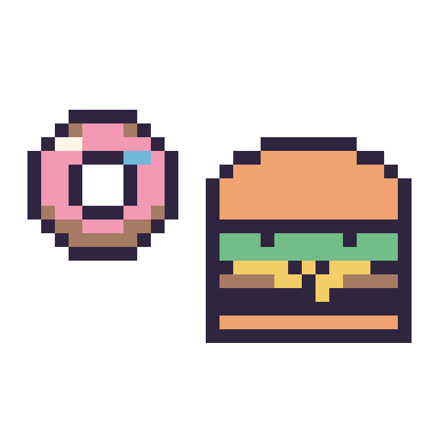 Modèle de pixel art Donut simple 12 × 12 et Burger kawaii 16 × 16 sur une grille de 32 par 32 cases
