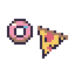 Pixel art Donut simple 12 × 12 et Pizza kawaii 16 × 16, grille 32 × 32