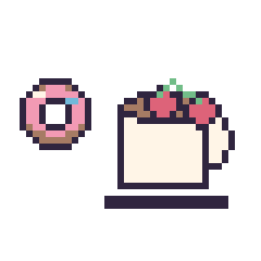 Pixel art Donut simple 12 × 12 et Tasse de thé avec des cerises, grille 40 × 40