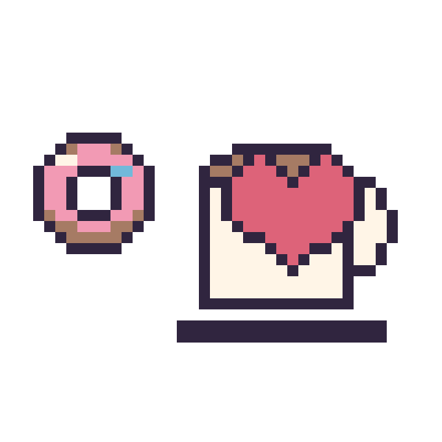 Modèle de pixel art Donut simple 12 × 12 et Tasse de thé avec un cœur sur une grille de 40 par 40 cases