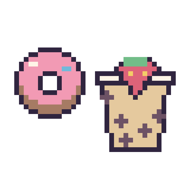 Modèle de pixel art Donut simple 16 × 16 et Boba avec une fraise sur une grille de 40 par 40 cases