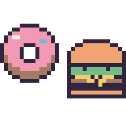 Pixel art Donut simple 16 × 16 et Burger kawaii 16 × 16, grille 32 × 32