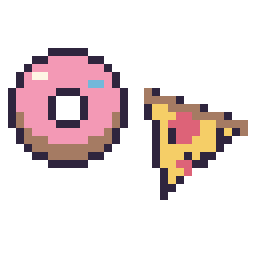 Pixel art Donut simple 16 × 16 et Pizza kawaii 16 × 16, grille 32 × 32