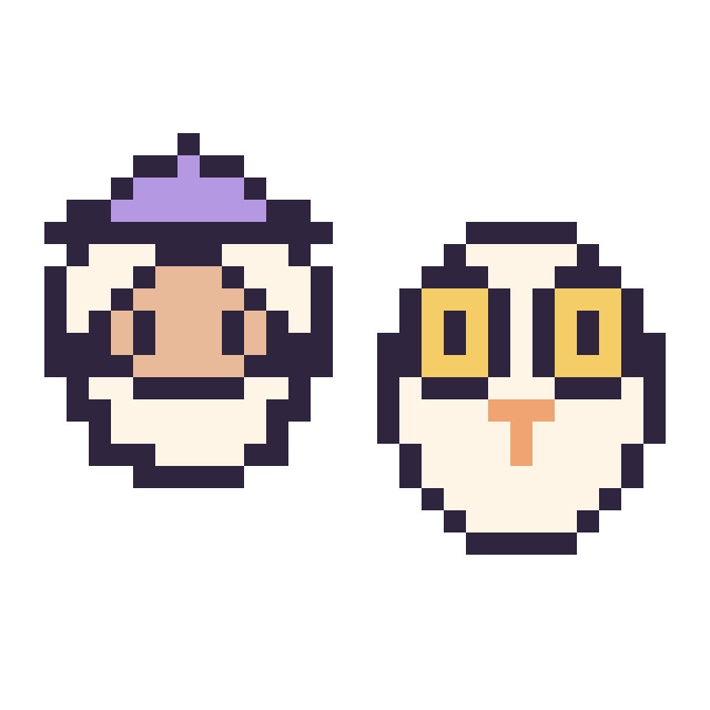 Modèle de pixel art Dumbledore mini et Hedwige mini sur une grille de 32 par 32 cases