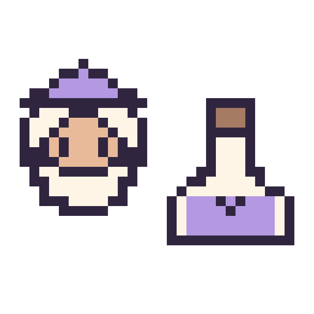 Modèle de pixel art Dumbledore mini et Potion kawaii 16 × 16 sur une grille de 32 par 32 cases