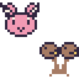 Pixel art Écrémeuh mini et Doduo mini, grille 32 × 32