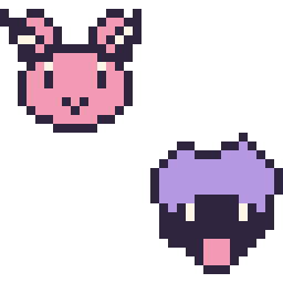 Pixel art Écrémeuh mini et Kokiyas mini, grille 32 × 32