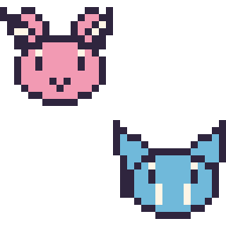 Pixel art Écrémeuh mini et Nosferapti mini, grille 32 × 32