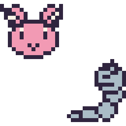 Pixel art Écrémeuh mini et Onix mini, grille 32 × 32