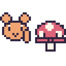 Pixel art Écureuil en portrait et Champignon kawaii 16 × 16, grille 32 × 32