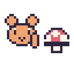 Pixel art Écureuil en portrait et Champignon simple 12 × 12, grille 32 × 32