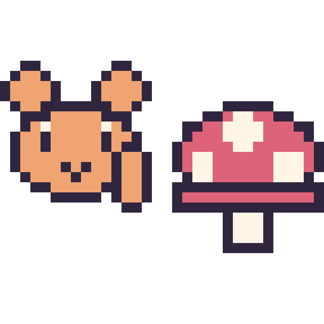 Modèle de pixel art Écureuil en portrait et Champignon simple 16 × 16 sur une grille de 32 par 32 cases