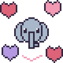 Pixel art Éléphant avec des cœurs, grille 40 × 40