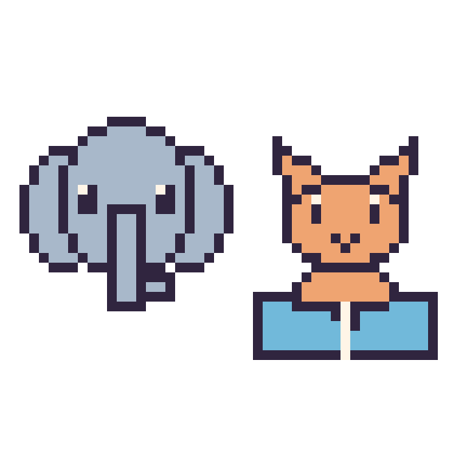 Modèle de pixel art Éléphant et Chat avec un livre sur une grille de 48 par 48 cases