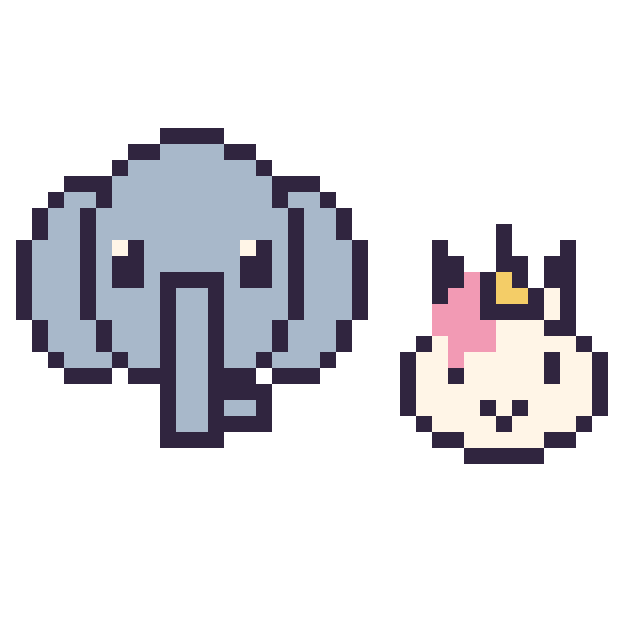 Modèle de pixel art Éléphant et Licorne en portrait sur une grille de 40 par 40 cases