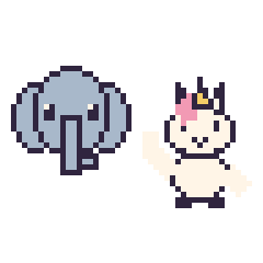 Pixel art Éléphant et Licorne qui fait coucou, grille 48 × 48