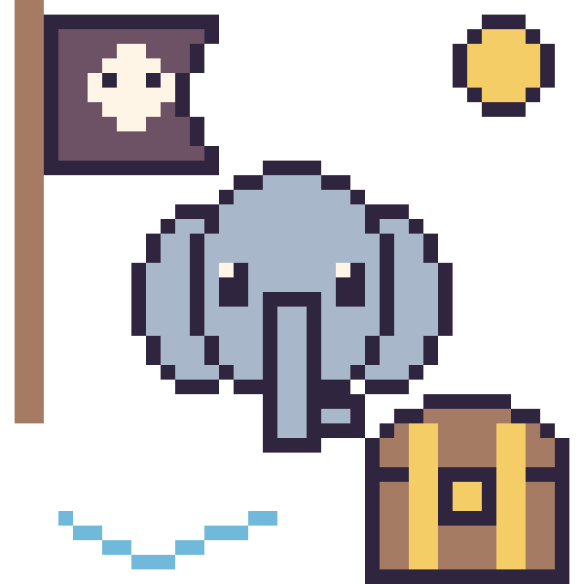 Modèle de pixel art Éléphant en aventure pirate sur une grille de 40 par 40 cases