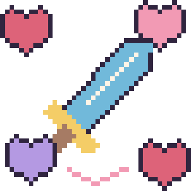 Modèle de pixel art Épée avec des cœurs sur une grille de 40 par 40 cases