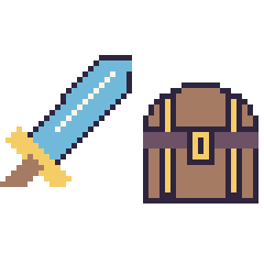 Pixel art Épée et Coffre de pirate, grille 48 × 48