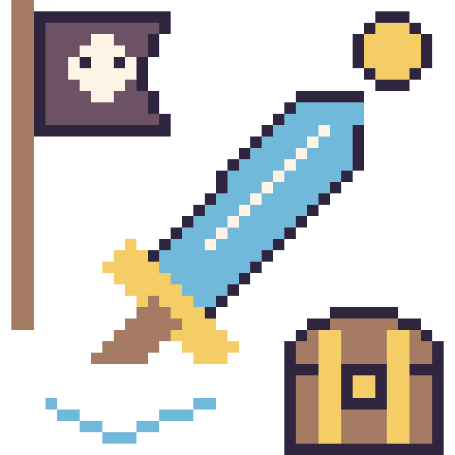Modèle de pixel art Épée en aventure pirate sur une grille de 40 par 40 cases