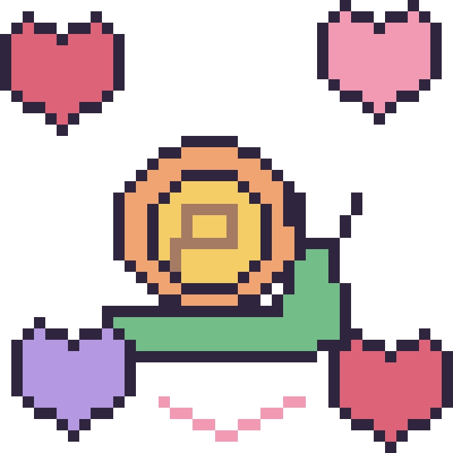 Modèle de pixel art Escargot avec des cœurs sur une grille de 40 par 40 cases
