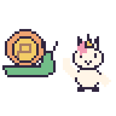 Pixel art Escargot et Licorne qui fait coucou, grille 48 × 48